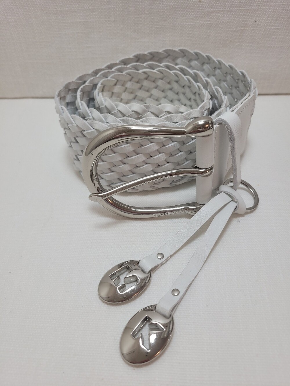 Michael Kors White Braided Leather Belt with Silver Hardware Medium - Picture 1 of 7